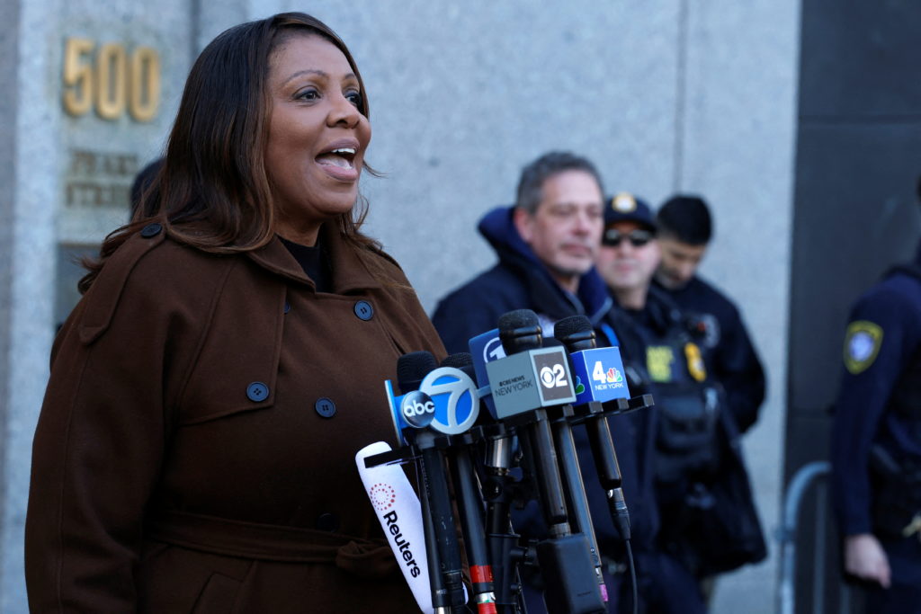 New York Attorney General Letitia James speaks during a press conference about their ongoing lawsuit against DOGE (Departm...