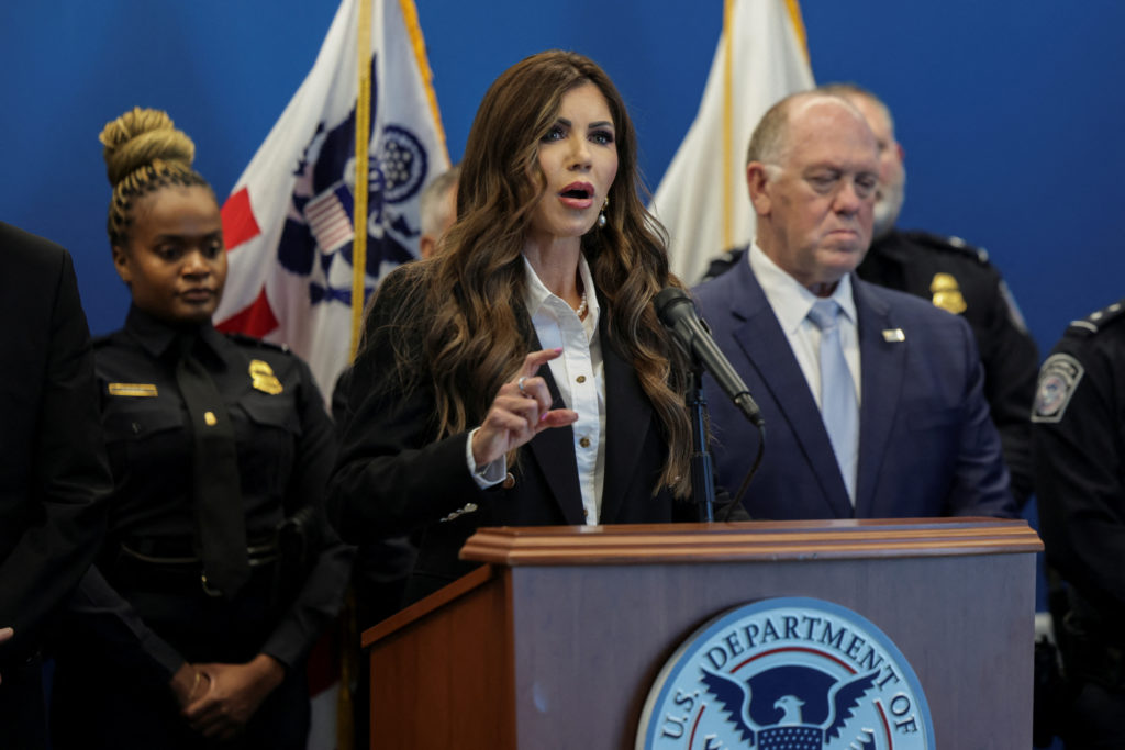 Homeland Security Secretary Kristi Noem speaks during a press conference after a CBP officer was shot by a criminal illega...