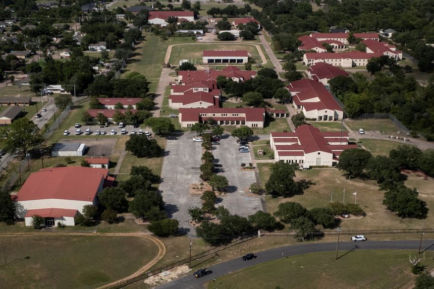 A drone view captures the Federal Prison Camp, a lower security facility where the U.S. Bureau of Prisons said Ghislaine Maxwell has been transferred to continue serving her 20-year sentence for helping the late financier and sex offender Jeffrey Epstein sexually abuse underage girls, in Bryan, Texas, U.S., August 1, 2025. REUTERS/Adrees Latif     TPX IMAGES OF THE DAY     
