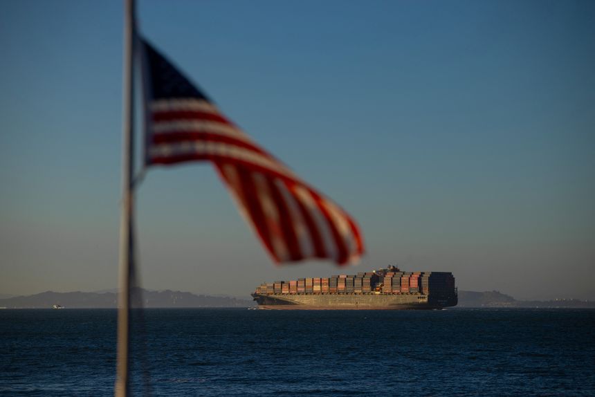 A cargo ship full of shipping containers departs the port of Oakland at the San Francisco Bay, California, on August 4, 2025.