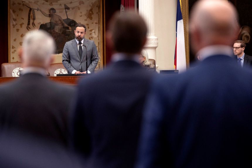 Speaker of the Texas House of Representatives Dustin Burrows addresses lawmakers at the Texas State Capitol on Tuesday.