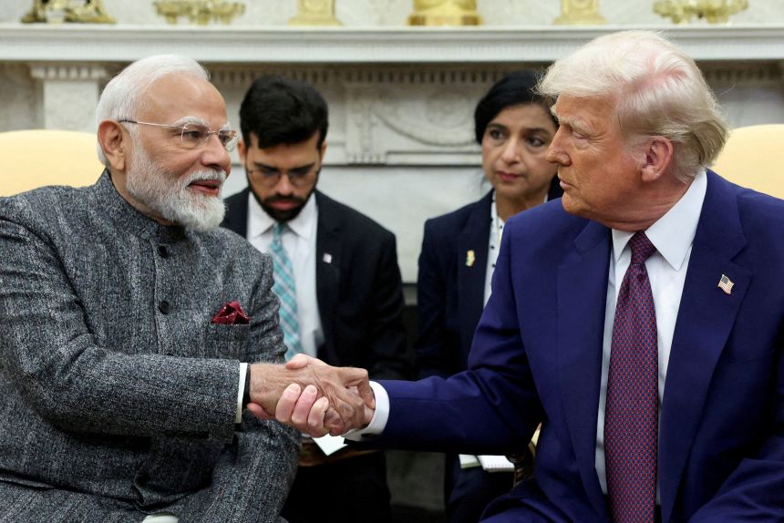 US President Donald Trump and Indian Prime Minister Narendra Modi shake hands at the White House in Washington, D.C., on February 13, 2025.