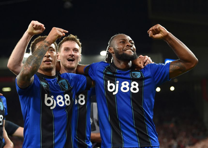 Antoine Semenyo celebrates scoring his second goal with teammate Marcus Tavernier.