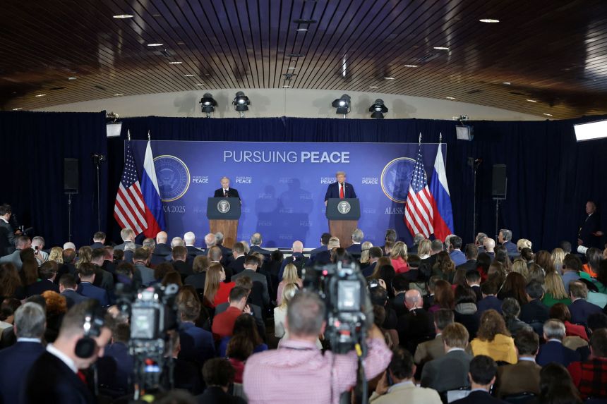 US President Donald Trump and Russian President Vladimir Putin hold a press conference following their meeting at Joint Base Elmendorf-Richardson in Anchorage, Alaska, on August 15, 2025.