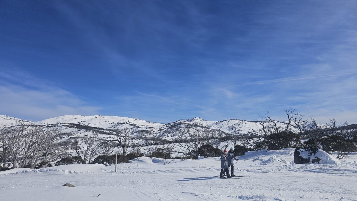 Two skiiers on a clear day near Perisher