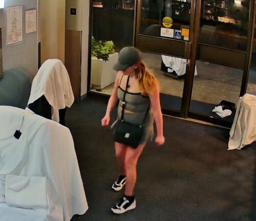 The second suspect is described as an approximately 30-year-old woman with shoulder-length blonde hair. She was wearing black and white wedge-style sneakers, a green Adidas ball cap, a grey patterned top, and a pleated mini skirt.