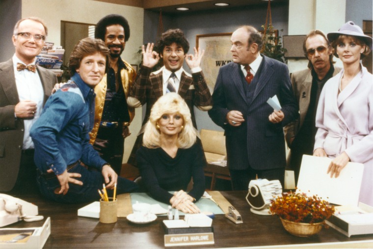 Cast members, from left, Richard Sanders, Gary Sandy, Tim Reid, Frank Bonner (in back), Loni Anderson, Gordon Jump, Howard Hesseman and Jan Smithers star in the CBS television series \"WKRP in Cincinnati\" in 1979.