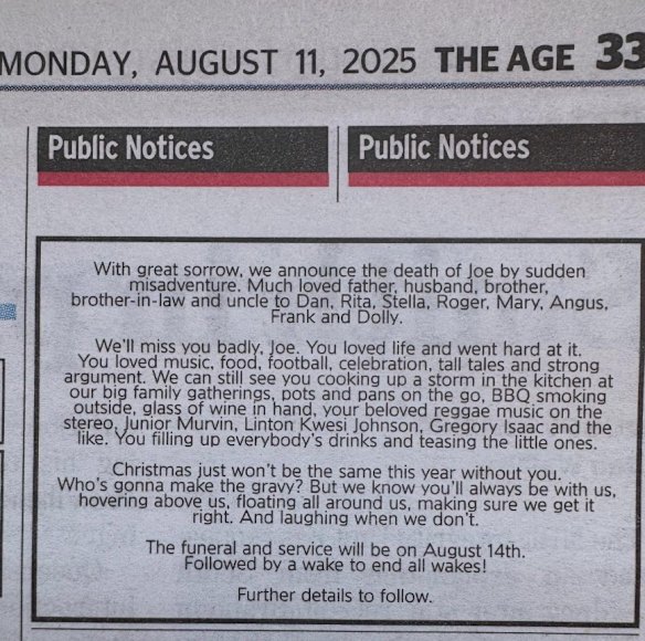 The death notice for Joe, prisoner and protagonist of Paul Kelly’s 1996 song How To Make Gravy. 
