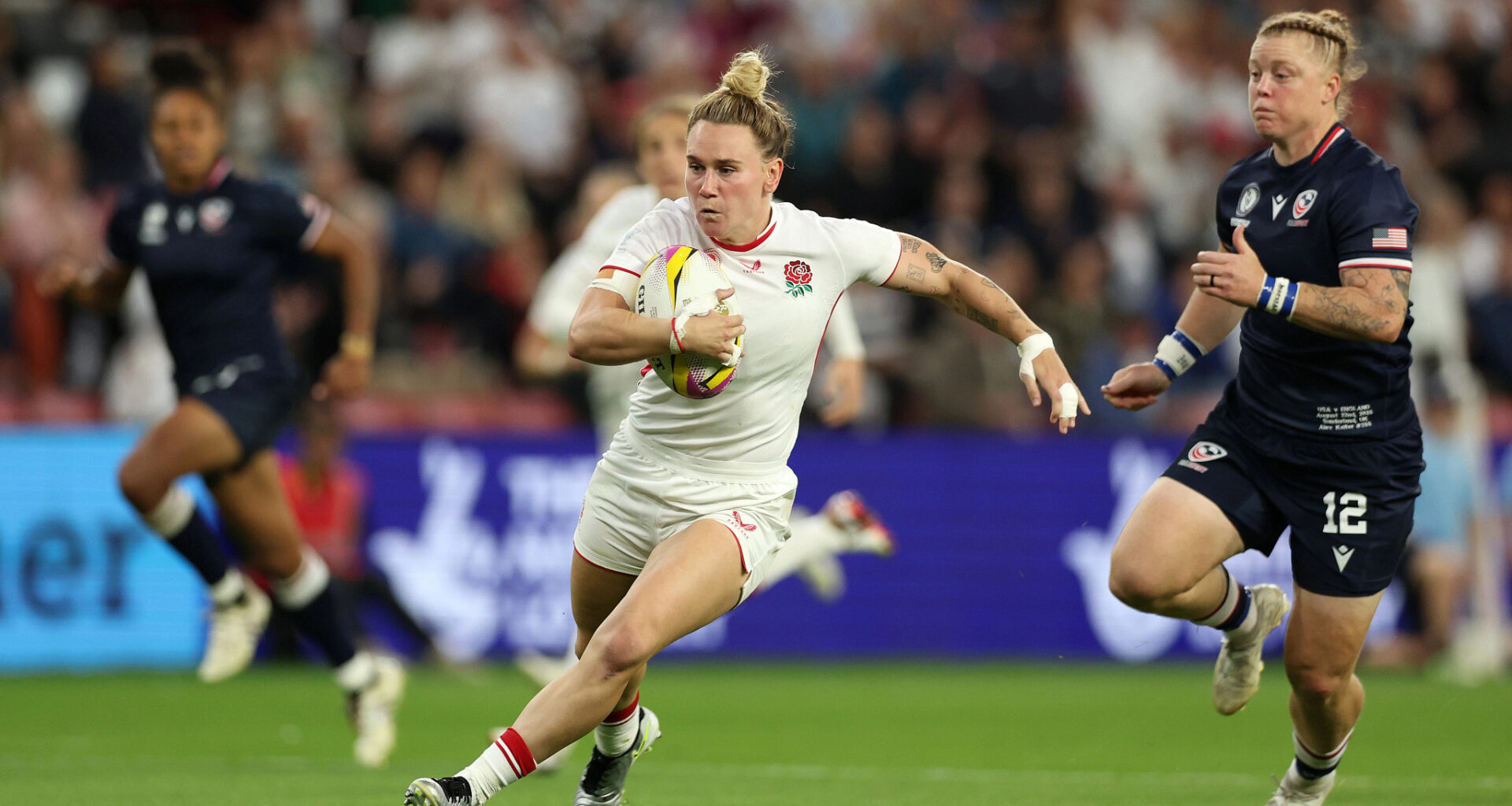 Megan Jones makes a break for the Red Roses against the USA in the Women's Rugby World Cup