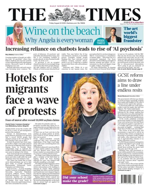 "Hotels for migrants face a wave of protests" reads the headline on the front page of The Times.