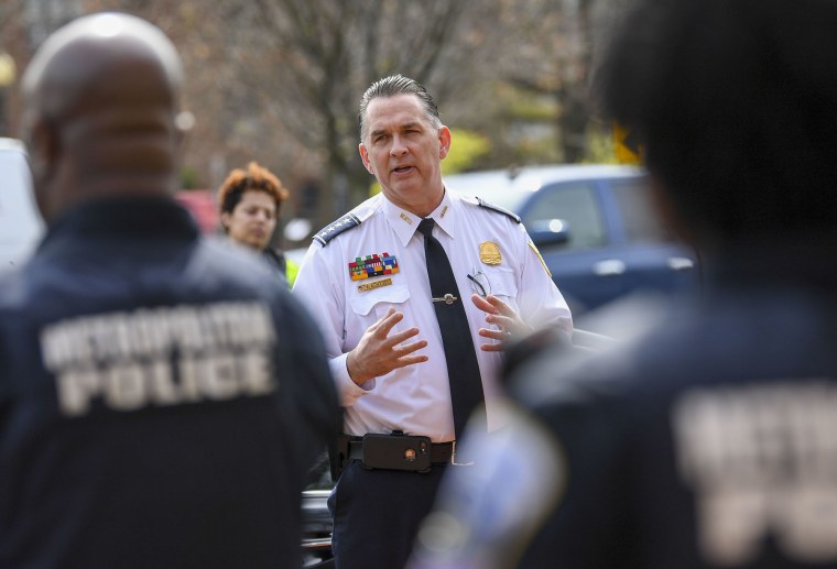 Police Chief Peter Newsham runs an outdoor roll call with officers during the COVID pandemic on March 24, 2020.