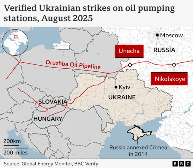 A map of three verified Ukrainian strikes on the Druzhba oil pipeline