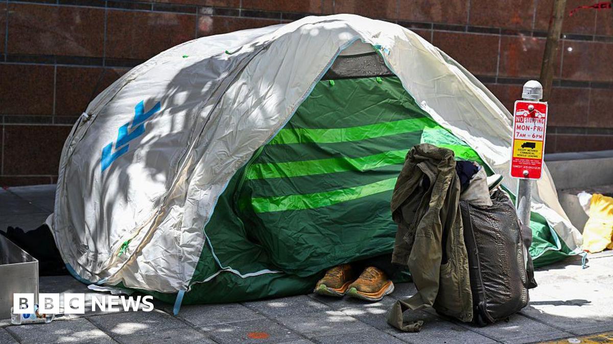 A homeless encampment is seen on a sidewalk in San Francisco, California, United States on May 14, 2025.