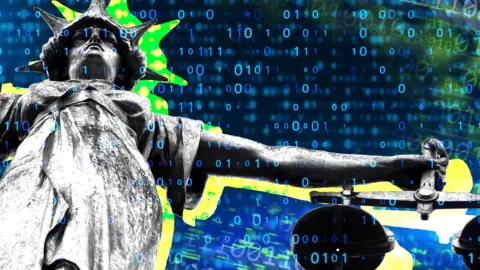 Getty Images A digitally altered image of the Statue of Justice holding a balance scale. The statue is overlaid with binary code (1s and 0s) in blue, giving it a futuristic and technological appearance. The background features abstract patterns in green, yellow, and blue colors