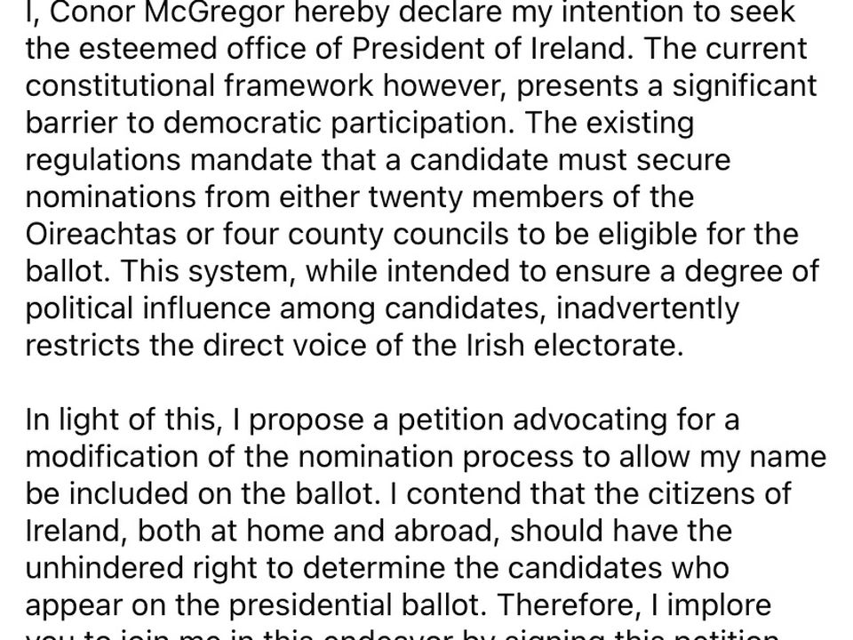 Conor McGregor's post on Facebook this evening