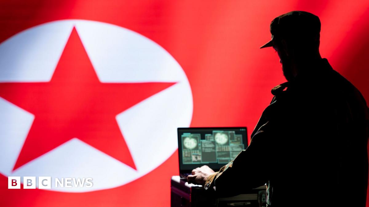A graphic showing a man in a cap and uniform working on a laptop with a North Korean flag as a background