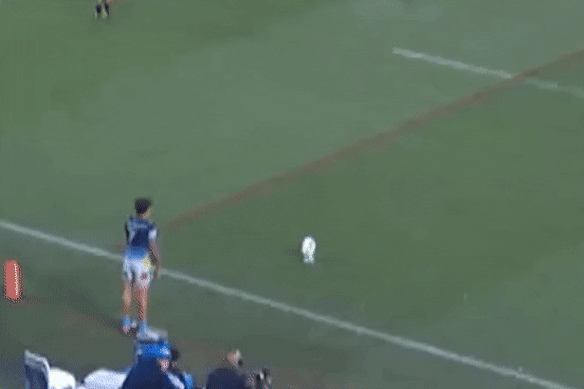 Panthers Nathan Bocking runs into the path of Jayden Campbell as he lines up a conversion.