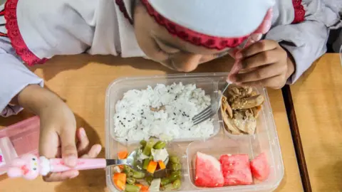 Getty Images A girl eating a free school lunch comprising white rice, chicken, green beans and carrot, and watermelon slices at a school in Surabaya in East Java