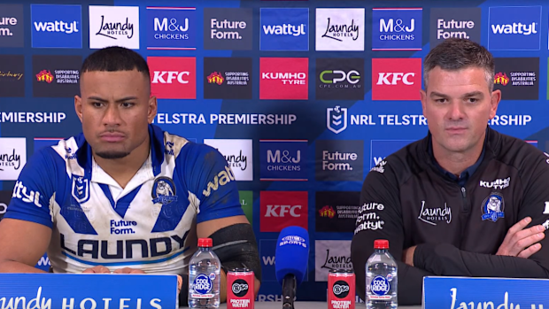 Bulldogs captain Stephen Crichton and Cameron Ciraldo talk to the press.