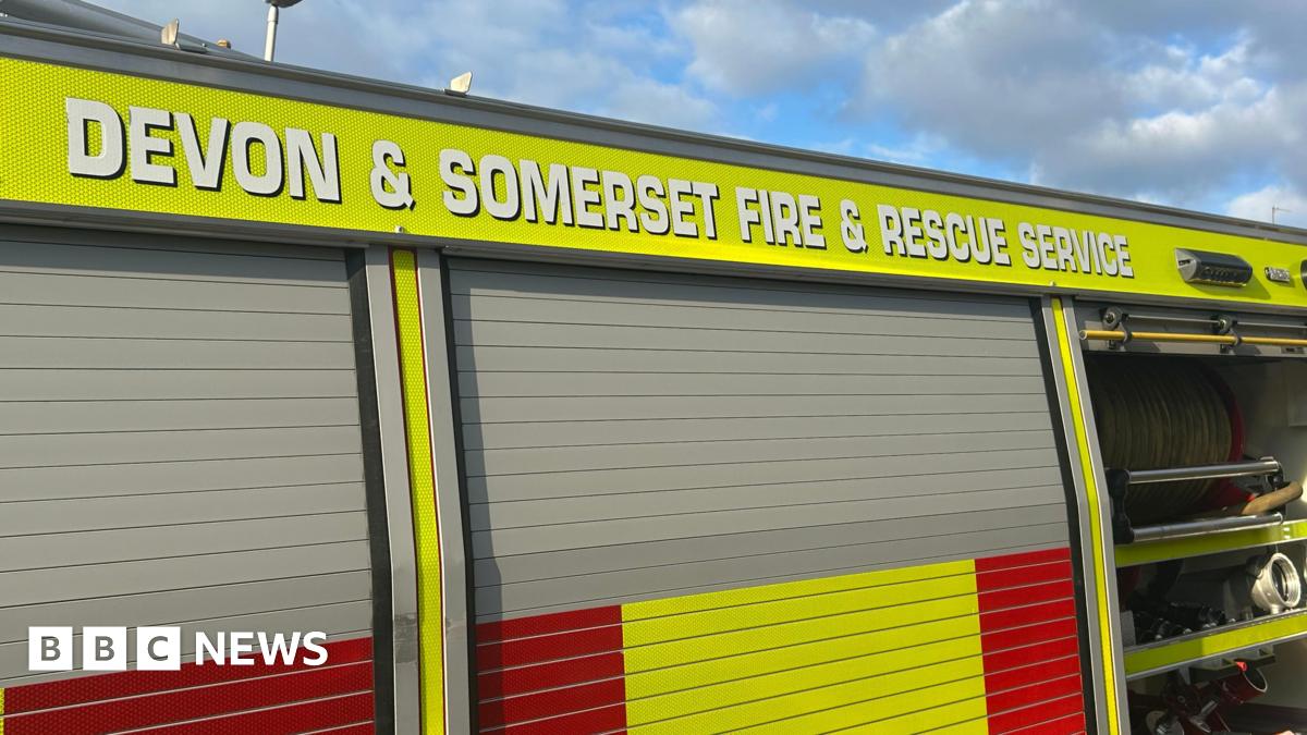 A picture of the side of a fire vehicle. It is red and green in colour and has the words Devon and Somerset fire and rescue service on the side in white.