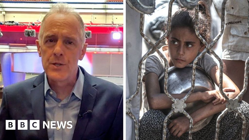 A composite image of Paul Adams speaking in the BBC studio and an image of a young girl in Gaza clutching a food bowl.