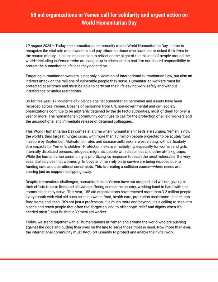 68 aid organizations in Yemen call for solidarity and urgent action on World Humanitarian Day [EN/AR] - Yemen