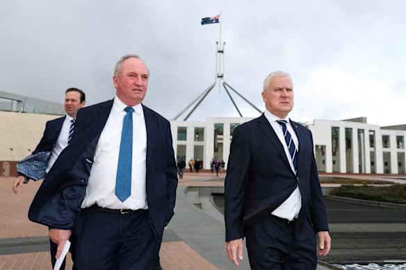 Nationals Party members Matt Canavan, Barnaby Joyce, and Michael McCormack outside Parliament House on Monday.