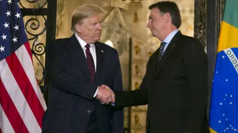 Getty Images US President Donald Trump and Brazilian then-President Jair Bolsonaro shake hands at Mar-a-Lago in March 2020. They are both wearing suits and standing in front of the American and Brazilian flags.