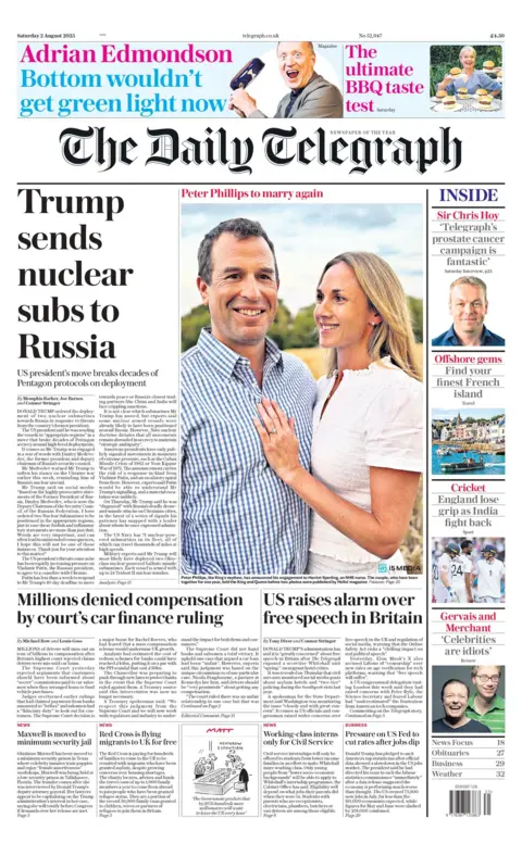"Trump sends nuclear subs to Russia" reads the front page of The Daily Telegraph.