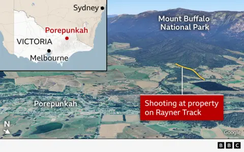 A map of Australia highlighting Porepunkah, Melbourne, Sydney and the state of Victoria is superimposed on a 3D map of the Porepunkah area. This highlights Rayner Track where the shooting took place.