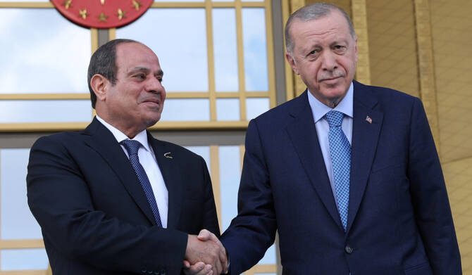 Turkey’s President Tayyip Erdogan welcomes Egyptian President Abdel Fattah al-Sisi in Ankara, September 4, 2024. (REUTERS)