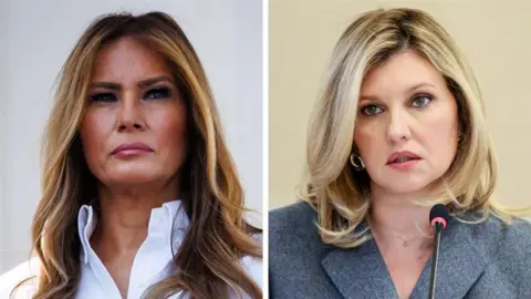 AFP/Getty A side by side image of Melania Trump with a straight face, her light hair long, wearing a white shirt, beside Olena Zelenska, her expression neutral and hair blonde, wearing a grey jacket 