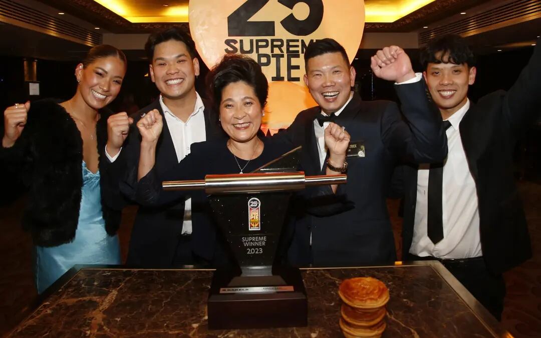 Patrick Lam (second from right) winning the supreme award in 2023. From left: Jessica Lam, Darren Lam, Lay Phan Ho, Patrick Lam and Lawrence Lam. Photo / Supplied