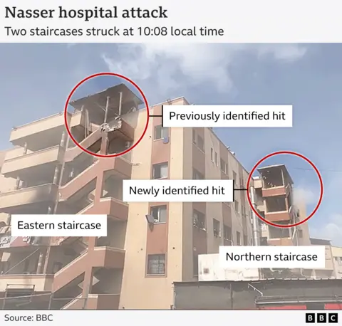 A still taken immediately after the first strike on the hospital showing the newly identified strike on the northern staircase.