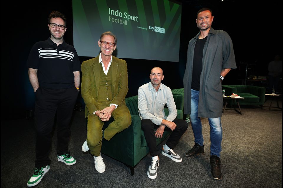 Joe Molloy with speakers Tony Adams, Gary Breen and Damien Delaney at the Indo Sports Podcast at Vicar Street