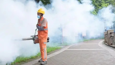 Getty Images A sanitation worker in a yellow helmet and orange uniform sprays insecticide to prevent the spread of Chikungunya on 3 August in Dongguan, Guangdong