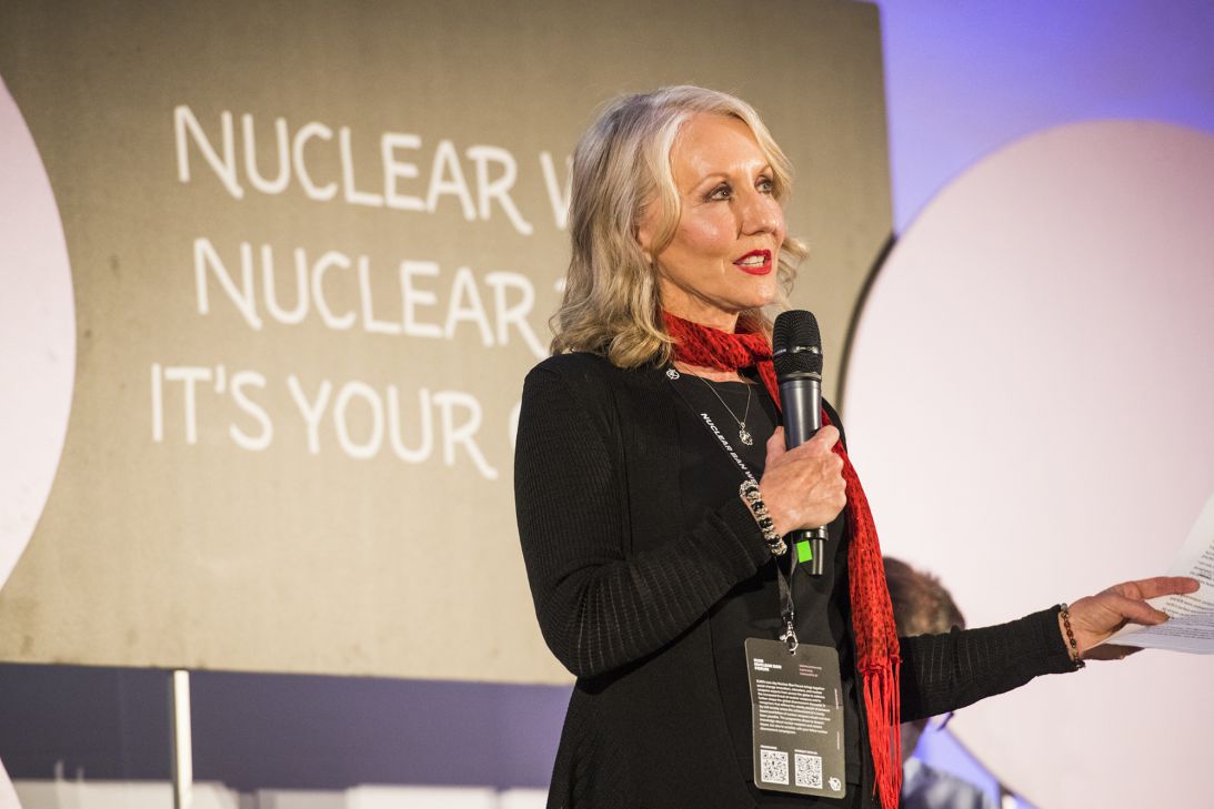 Mary Dickson pictured speaking during the ICAN Nuclear Ban Forum in Vienna, Austria.