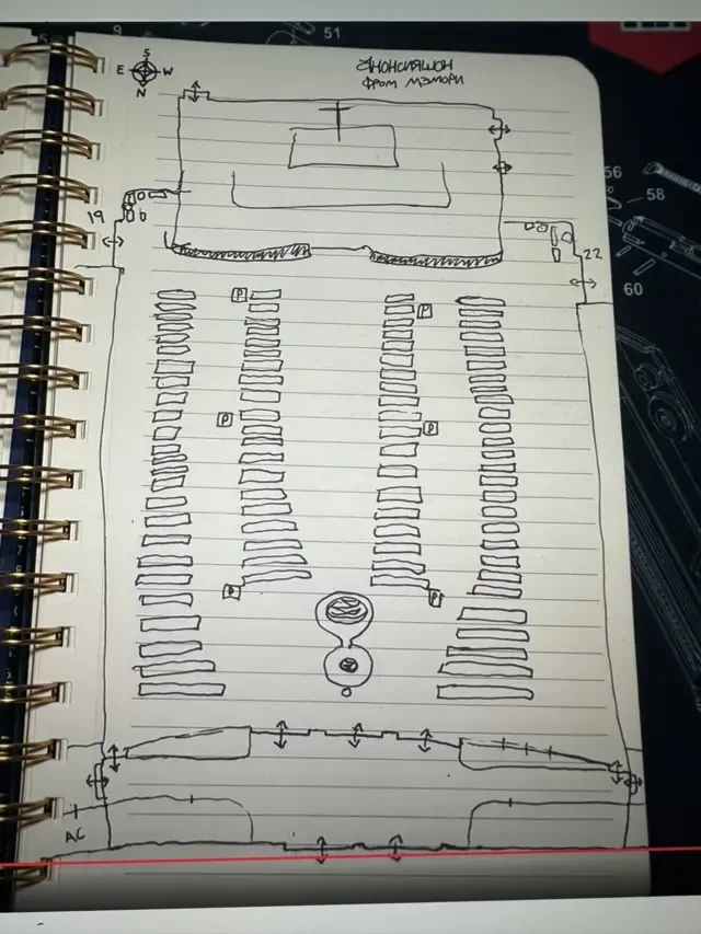A sketch of the church layout seen in a notebook that was filmed and posted on YouTube