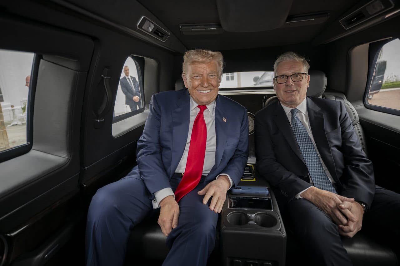 President Donald Trump motorcades with U.K. Prime Minister Keir Starmer from at the Trump Turnberry golf course in Turnberry, en route to Glasgow Prestwick Airport, Scotland. Monday, July 28, 2025. (Official White House Photo by Daniel Torok)