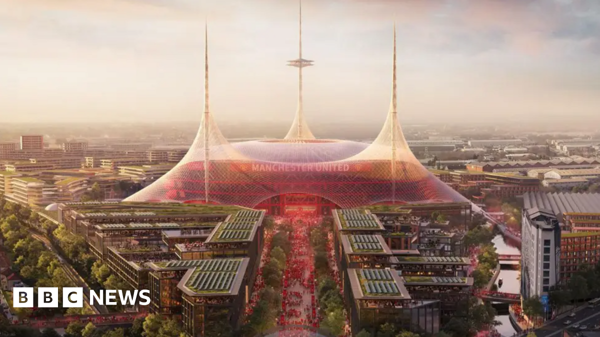 An artist's impression shows plans for a future Old Trafford stadium. It is a dome-shaped stadium with three spires from which netting descends and is stretched out to mooring points around the stadium. A large number of apartment blocks line the main route up to the stadium. They are about five storeys high, and have solar panels and grass on their roofs.