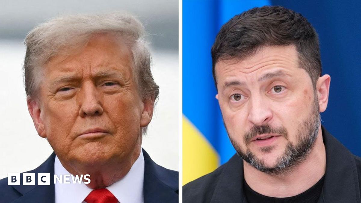 Headshots of Trump and Zelensky - Trump is wearing a blue suit and red tie while Zelensky is wearing a dark jacket and round-necked top