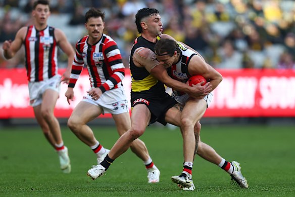 Hunter Clark couldn’t escape Tim Traranto’s tackle on Saturday.