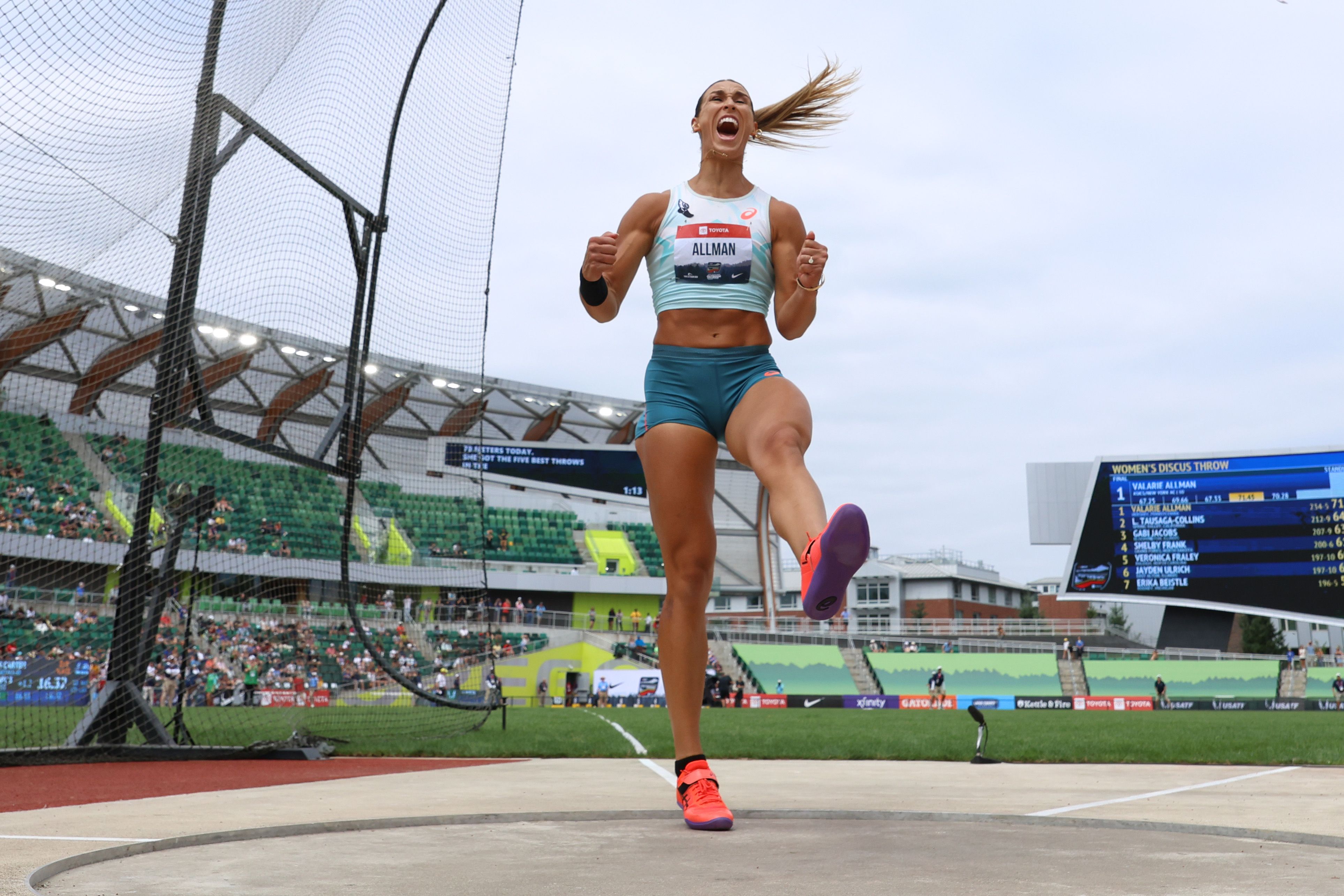 Valarie Allman celebrates her US title win in Eugene