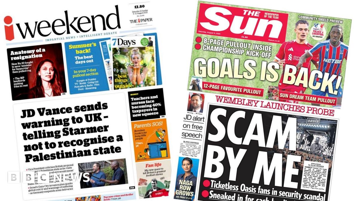 The headline on the front page of the i Paper reads: "JD Vance sends warning to UK - telling Starmer not to recognise a Palestinian state".