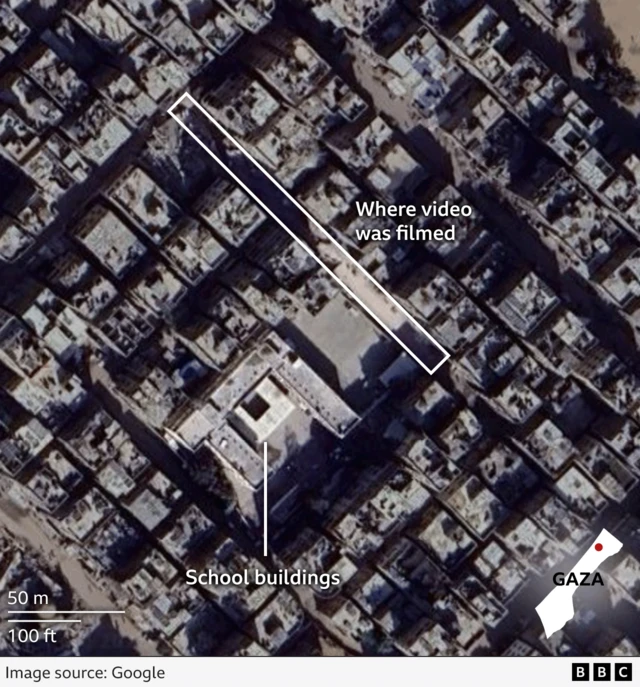 A BBC annotated map showing the location where the video was filmed and the site of the school