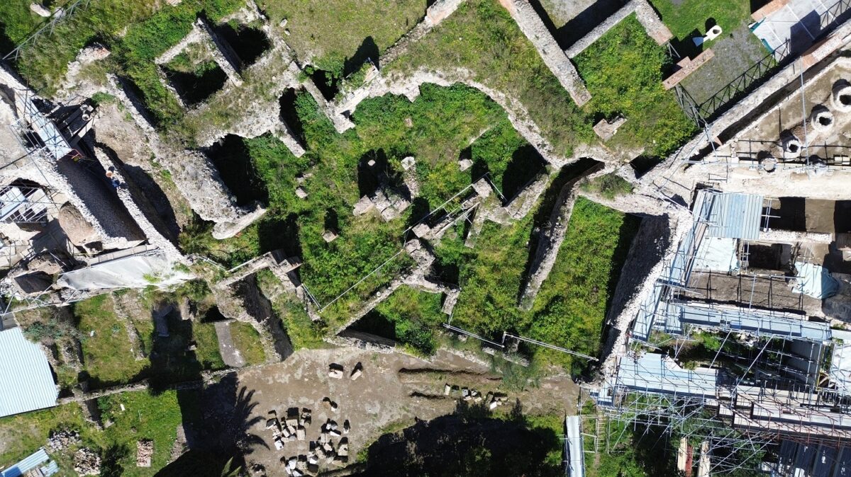 Aerial view of archaeological excavations in in Pompeii's Insula Meridionalis quarter.