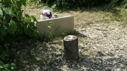 Getty Images A recently cut tree stump sits next to a memorial stone bearing flowers.