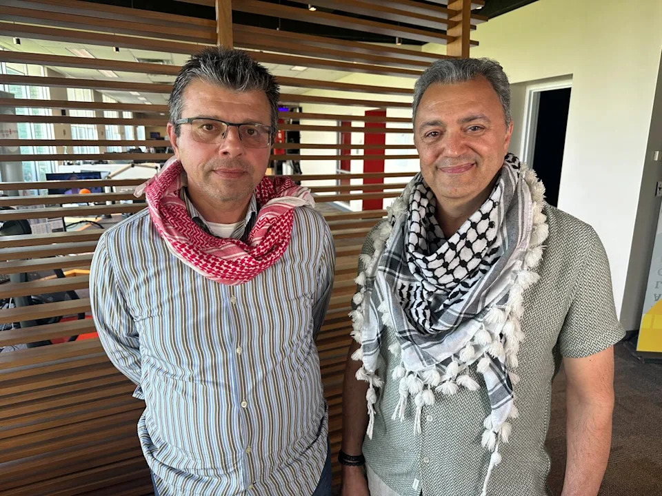 Saaed AlFaqeeh, left, and Maher El-Youssef, right, are calling on the Canadian government and other governments around the world to stop the war in Gaza as soon as possible.