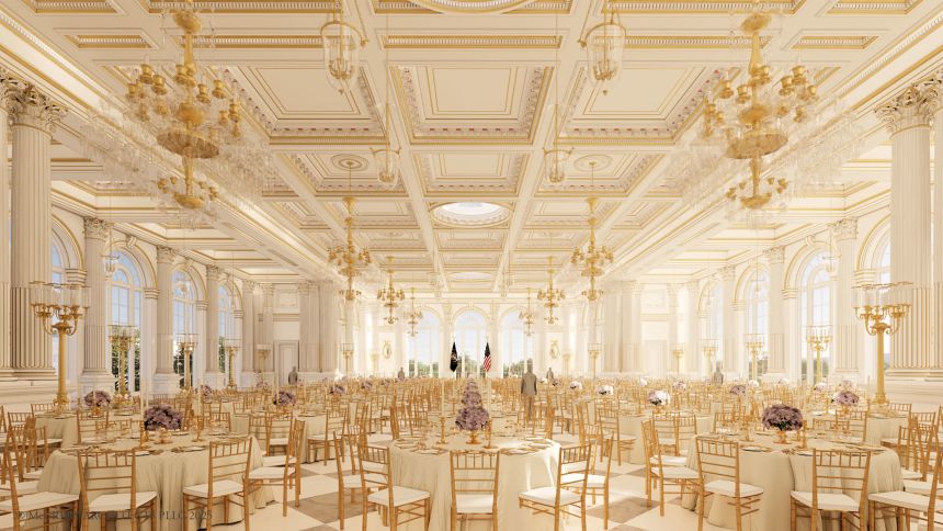 A rendering of the White House State Ballroom is seen.