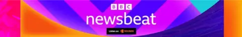 A footer logo for BBC Newsbeat. It has the BBC logo and the word ‘newsbeat’ in white over a colourful background of violet, purple, and orange shapes. At the bottom a black rectangle reading ‘Listen on Sounds’ is visible.